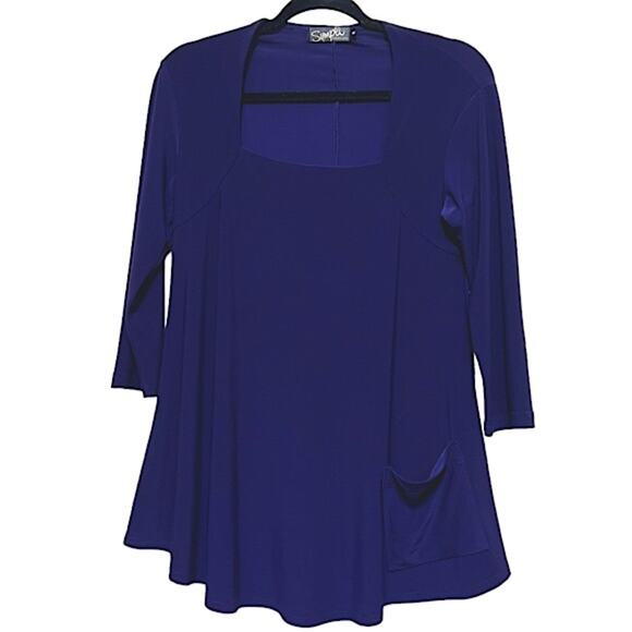 Sympli Square Neck Purple-ish Blue Tunic Trapeze Hem 3/4 Sleeve w. Front Pocket - Picture 1 of 8